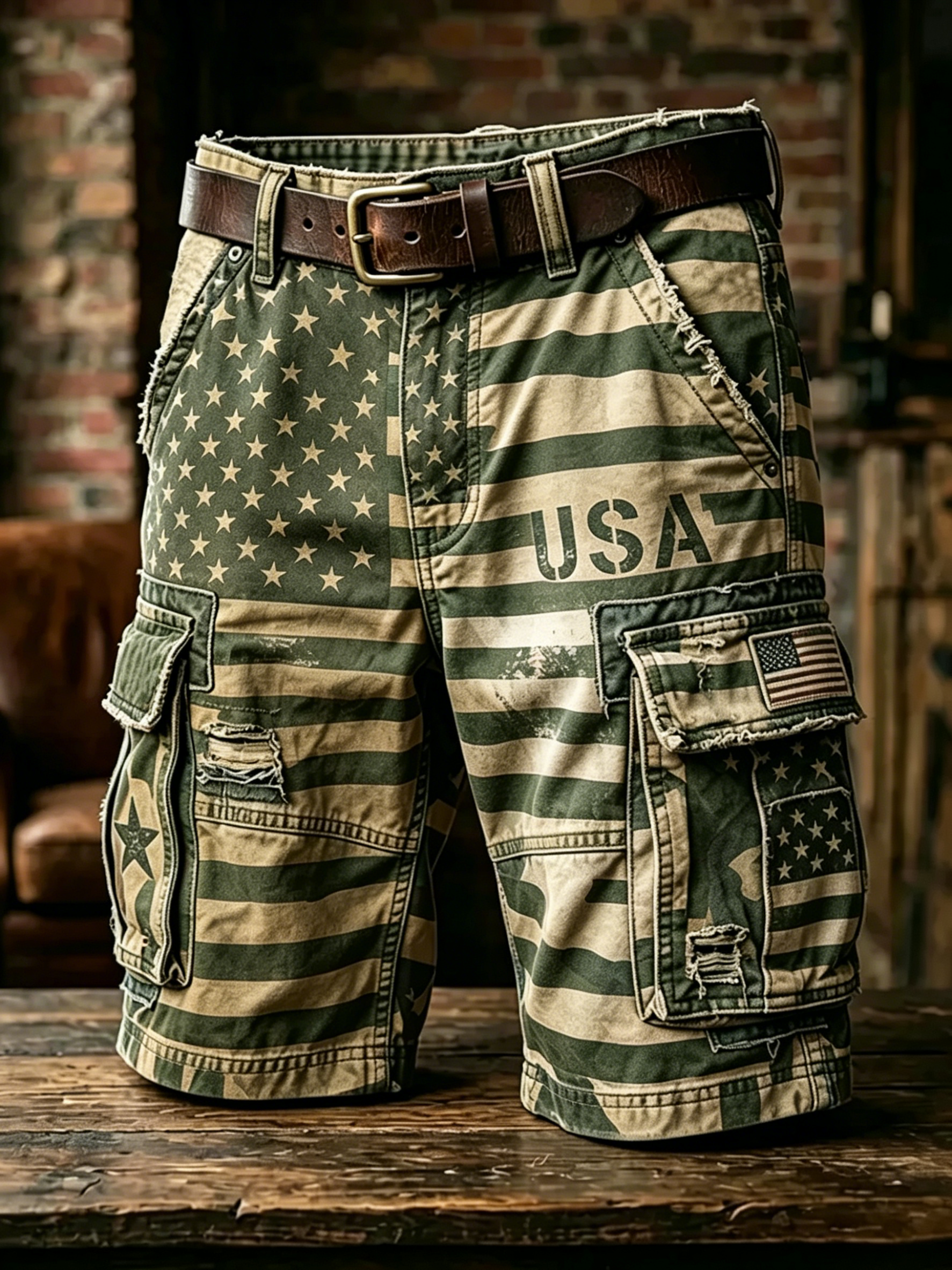 Vintage American Flag Print Cargo Shorts, Patriotic Distressed Multi-Pocket Casual Shorts