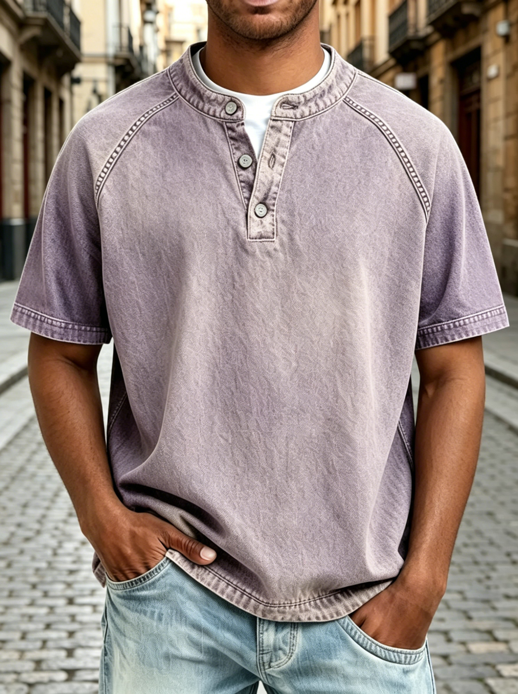 Henley Three Button Washed Raglan Short Sleeve Tee for Men