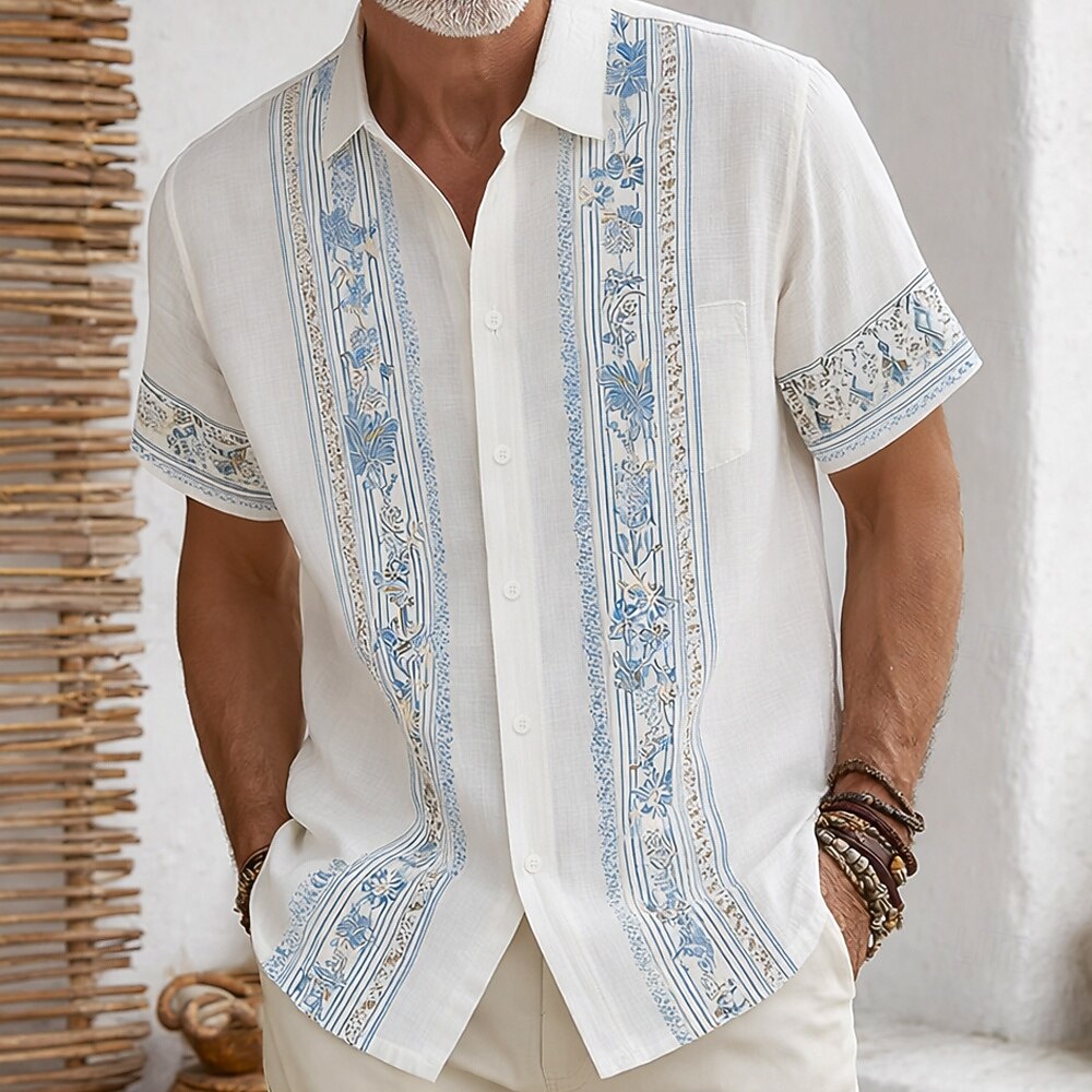 Boho Vertical Floral Stripe Print Lapel Pocket Short Sleeve Linen Vacation Shirt for Men