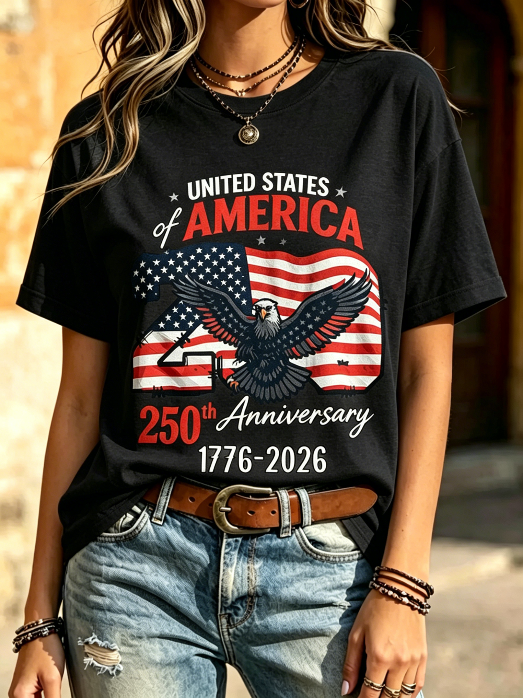 250th USA Anniversary Eagle Flag Print Crew Neck Casual Patriotic Short Sleeve Tee