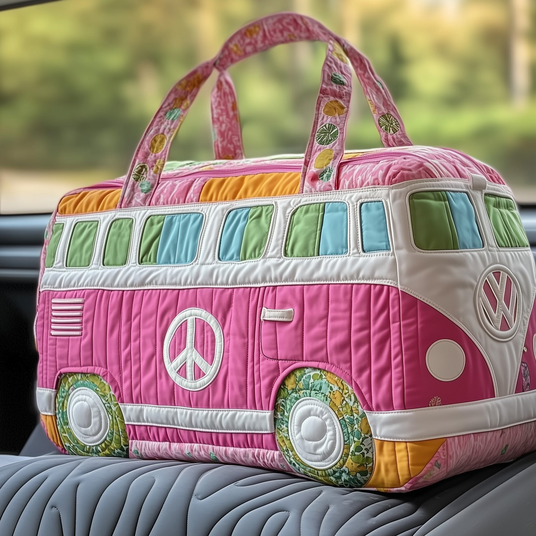 Floral Patchwork Hippie Van Peace Logo Quilted Oversized Weekend Travel Duffle Handbag For Outdoor Vacation