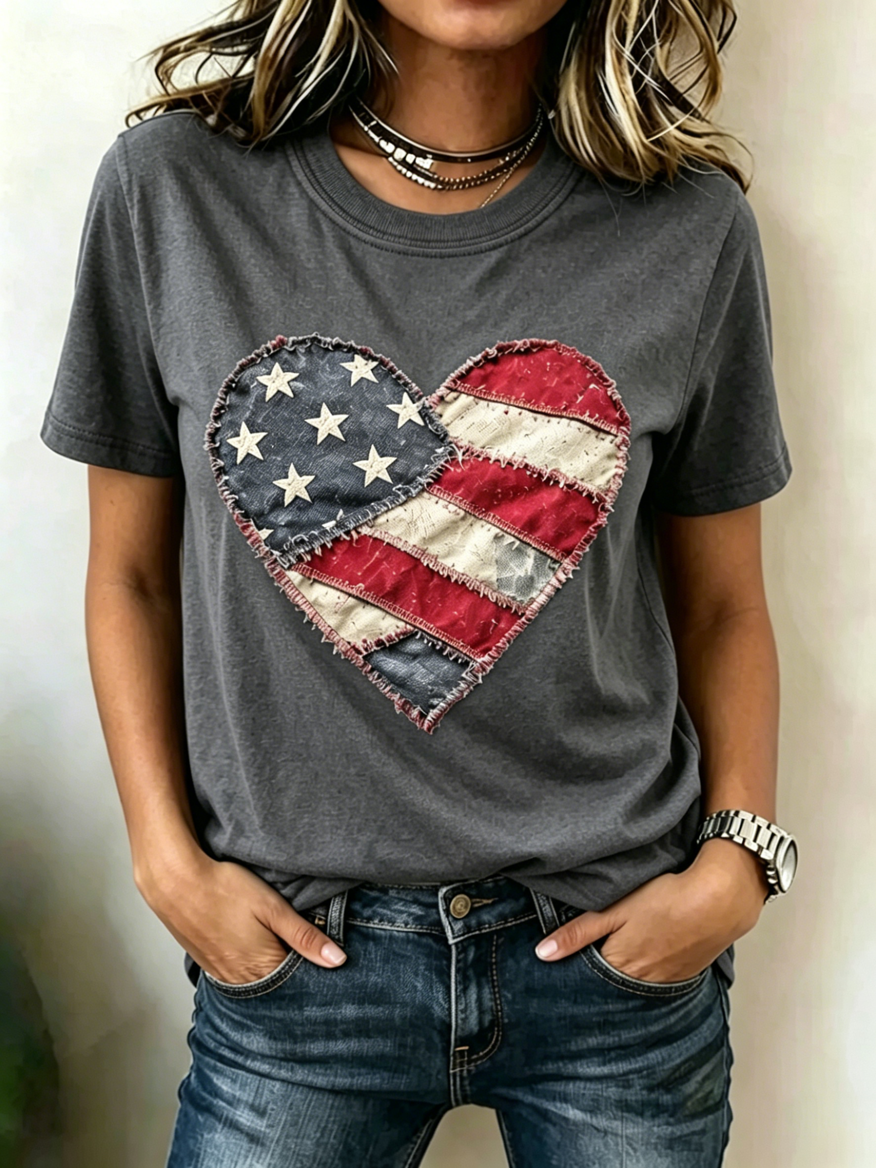 Vintage Fringe Patchwork Heart Shaped US Flag Patriotic Print Crew Neck Oversized Women Casual Short Sleeve T-Shirt