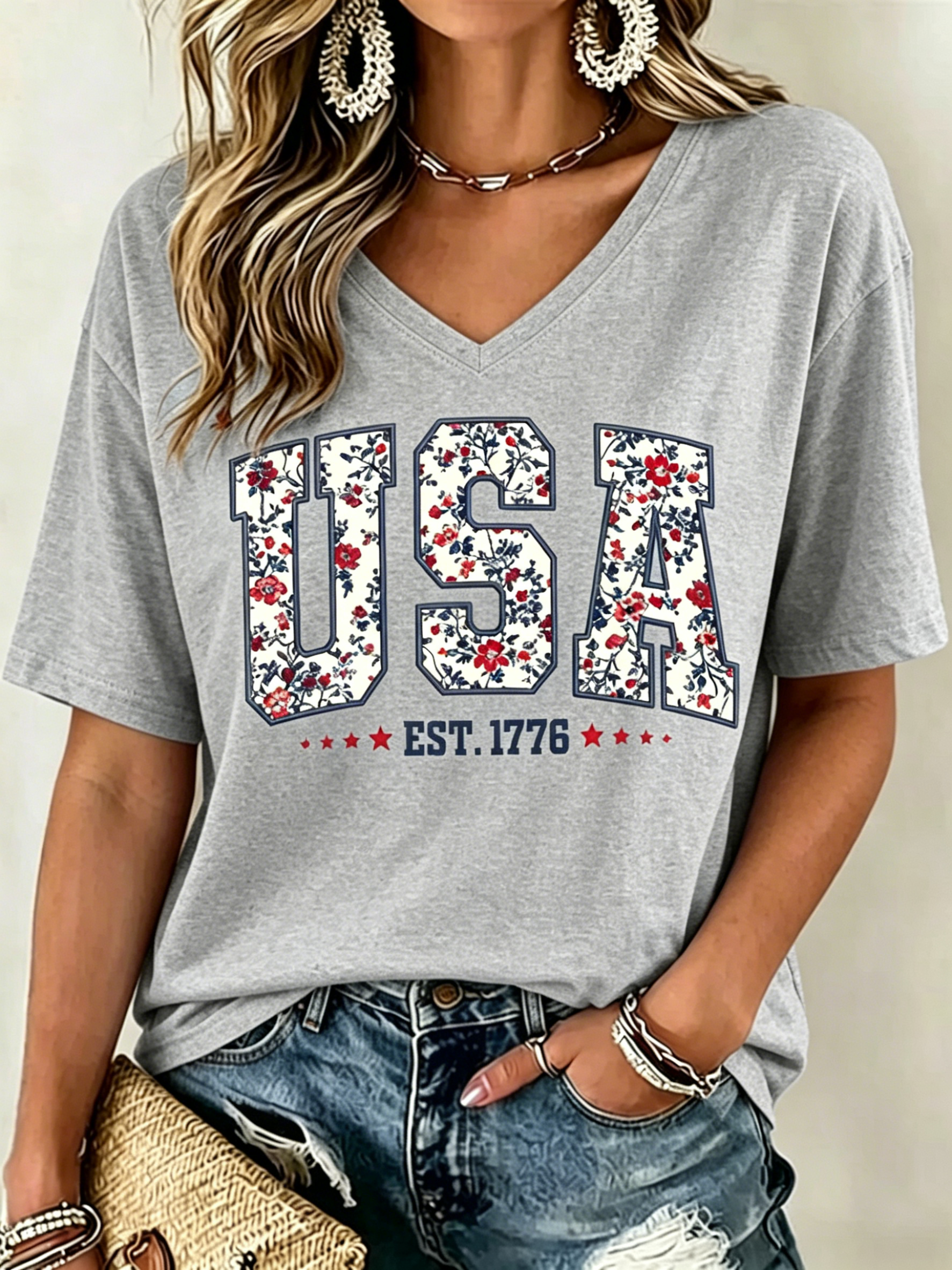 Floral Fill USA EST. 1776 Patriotic Print V Neck Oversized Women Casual Short Sleeve T-Shirt