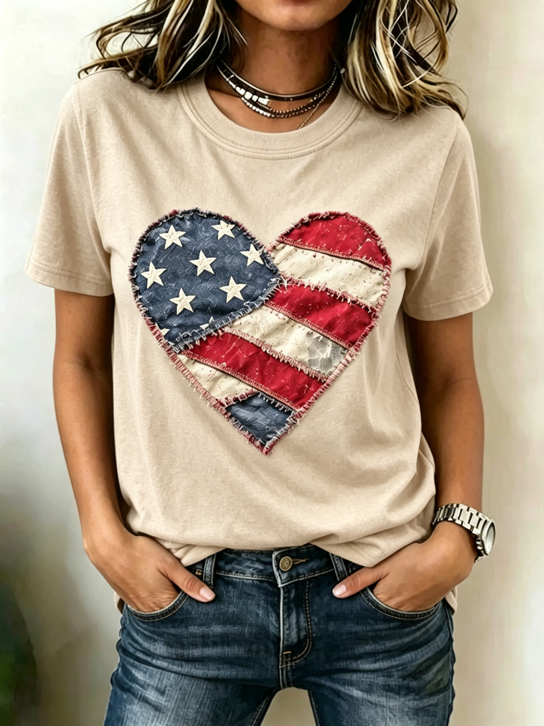 Vintage Fringe Patchwork Heart Shaped US Flag Patriotic Print Crew Neck Oversized Women Casual Short Sleeve T-Shirt