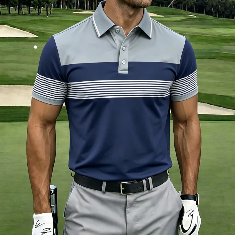 Color Block Stripe Collared Short Sleeve Golf Polo Shirt for Men