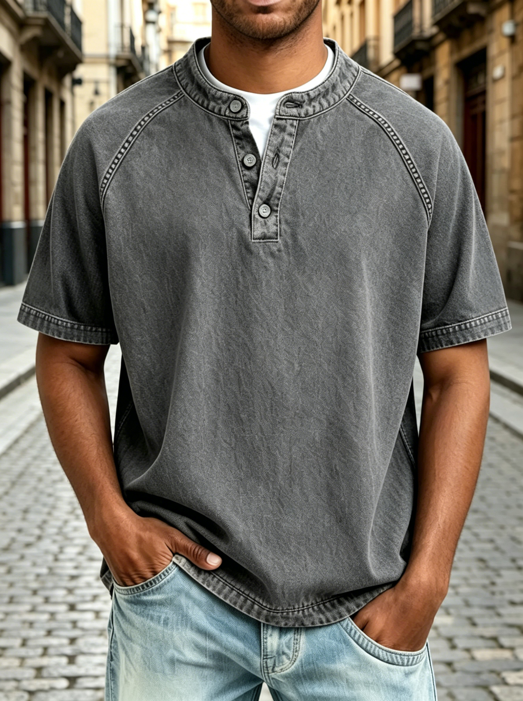 Henley Three Button Washed Raglan Short Sleeve Tee for Men