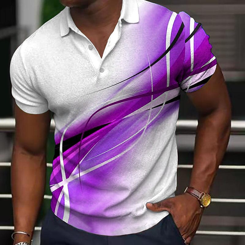 Gradient Abstract Curve Print Lapel Collar Polo Shirt for Men