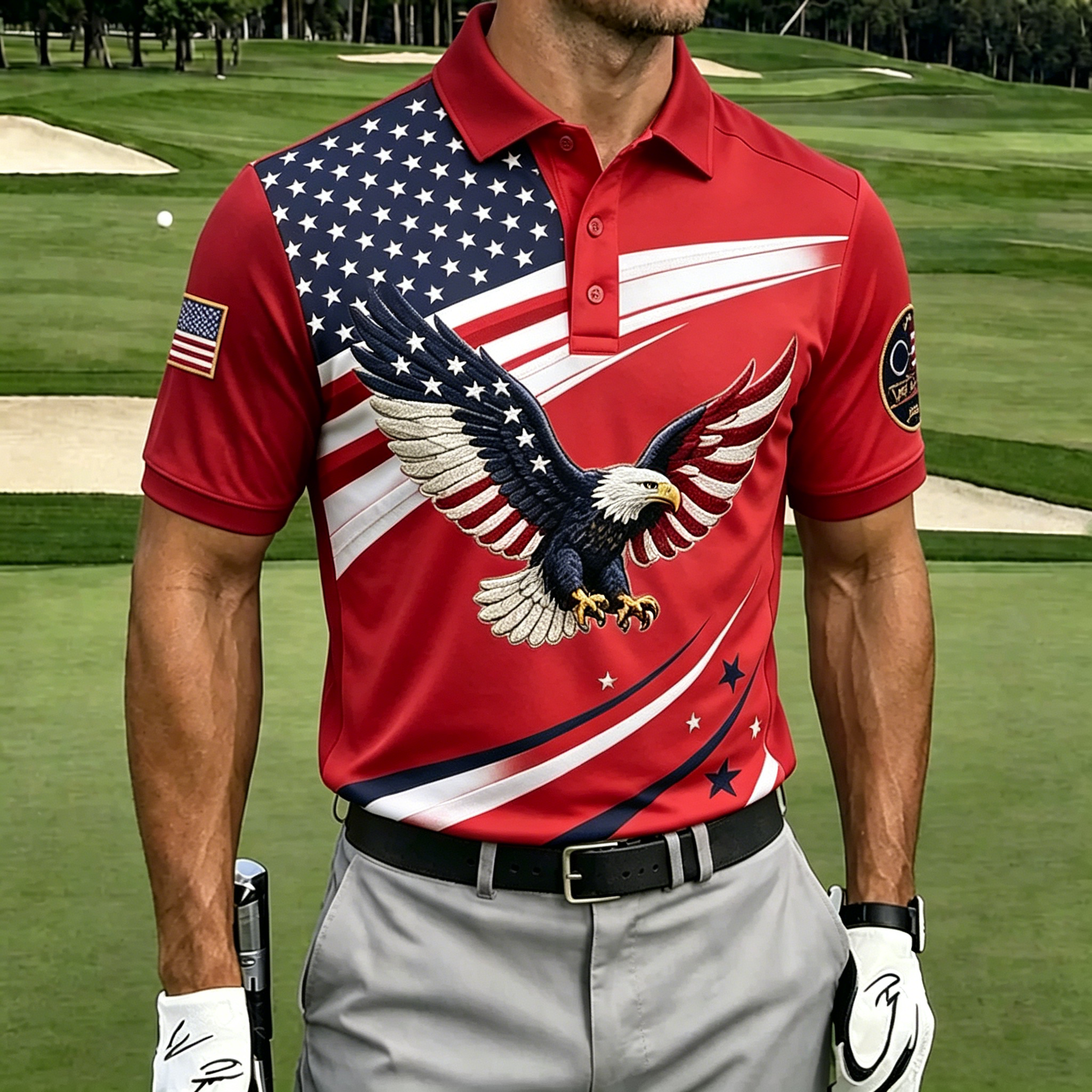 Bald Eagle Split Star Stripe Print Contrast Collar Golf Polo Shirt for Men