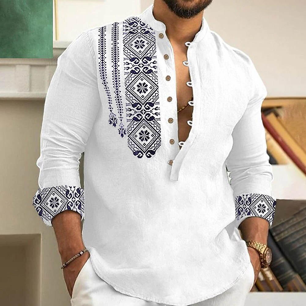 Ethnic Print Stand Collar Long Sleeve Henley Shirt Men Casual Bohemian Top
