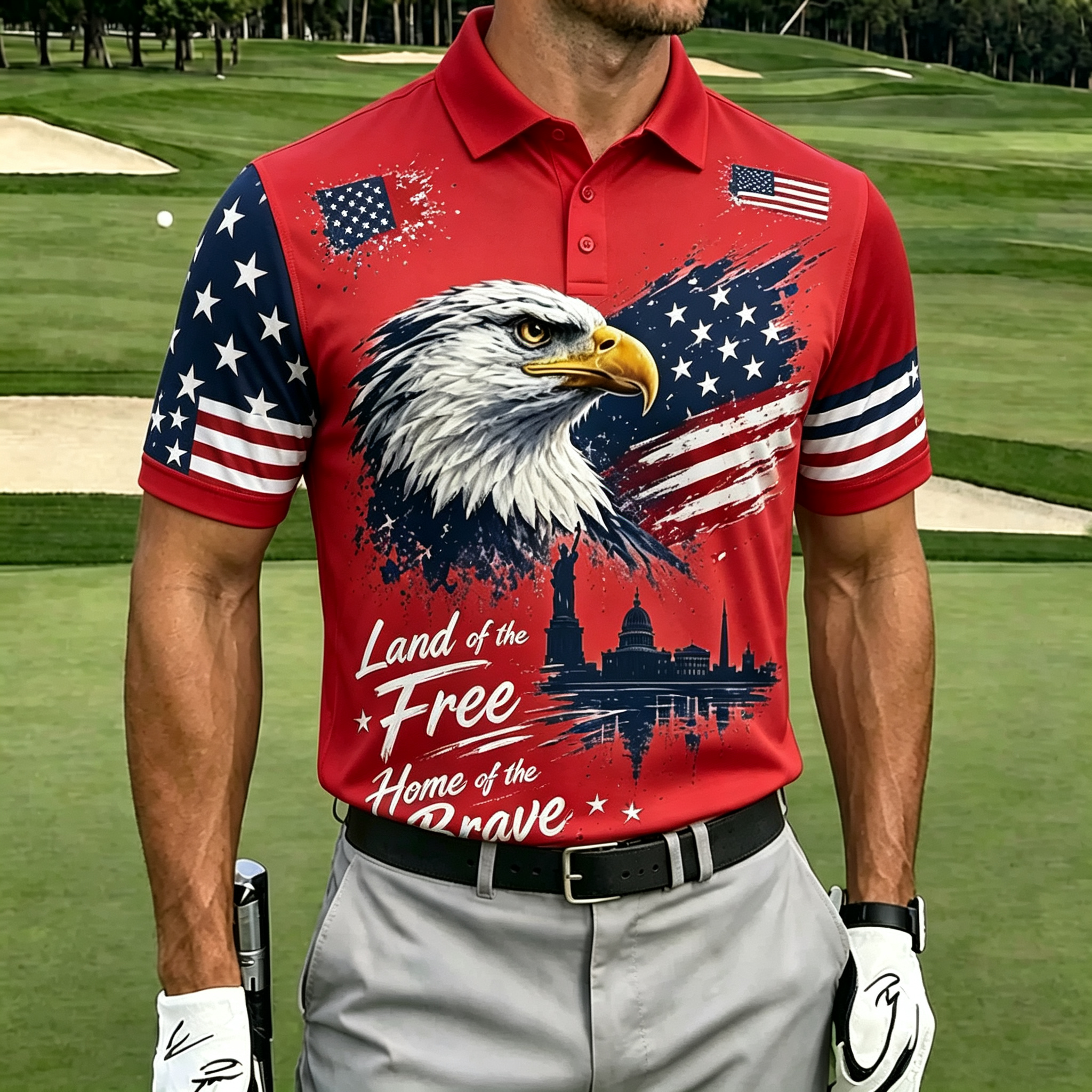 Artistic Splash Eagle Flag Landmark Performance Golf Polo