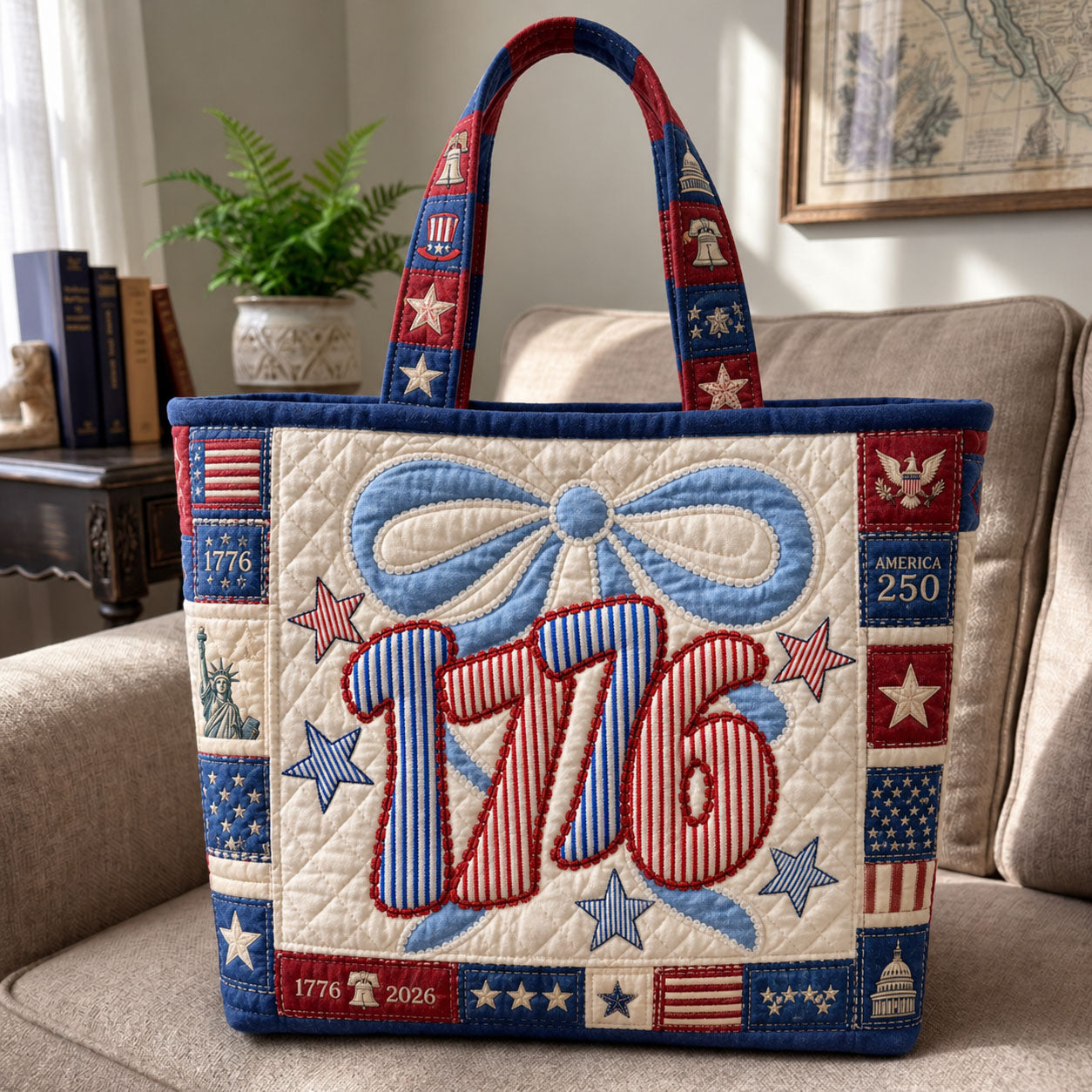 1776 America 250Yrs Patch Quilted Canvas Large Capacity Patriotic Casual Shopping Tote Handbag