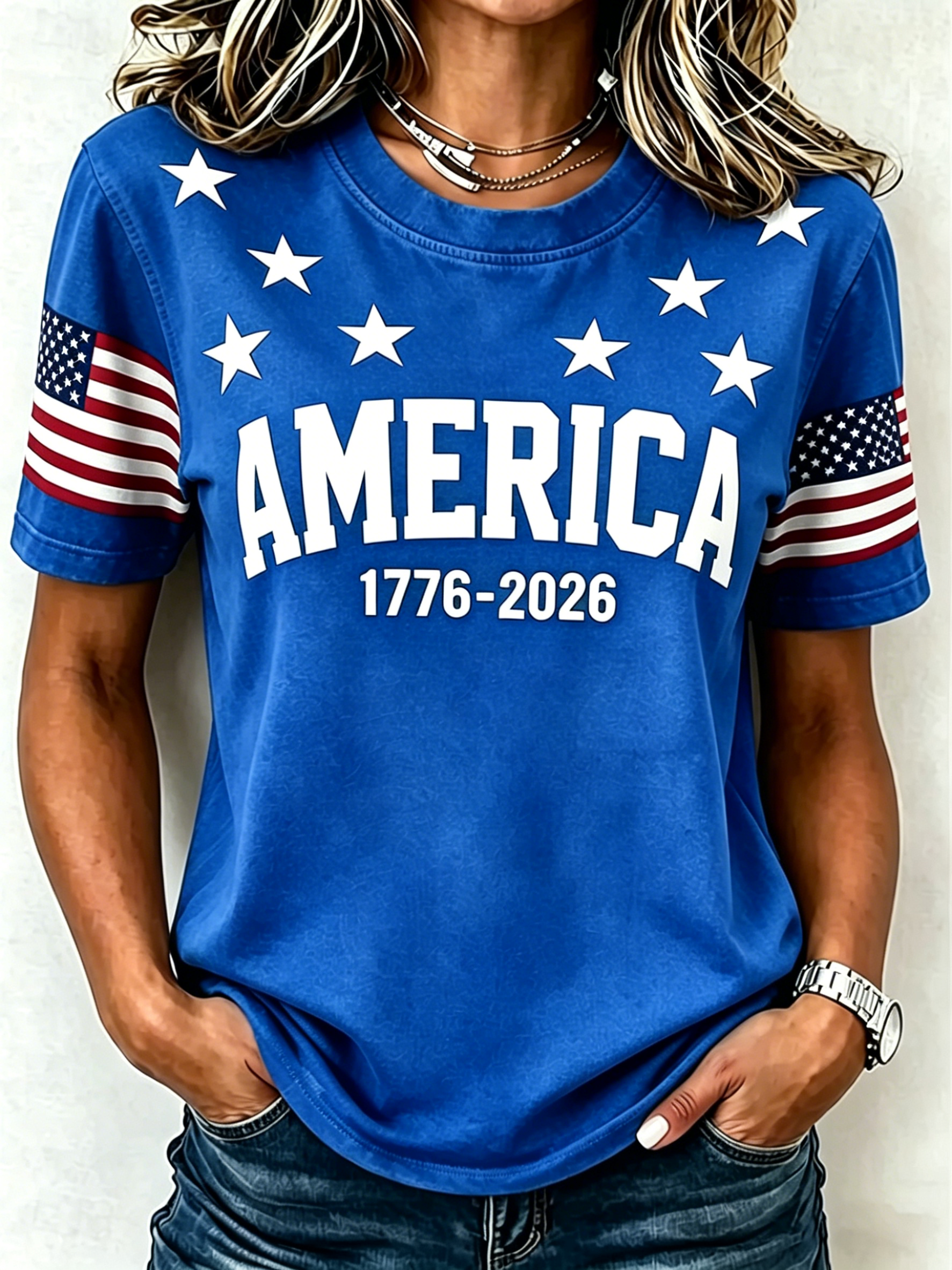 America 1776-2026 Patriotic Print Crew Neck Independence Day Casual T-Shirt for Women