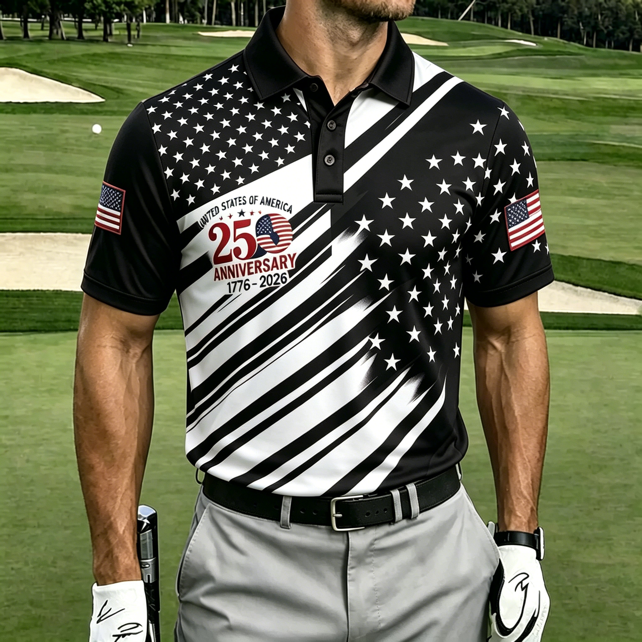 250th Star Stripe Asymmetrical Print Contrast Collar Golf Polo Shirt for Men