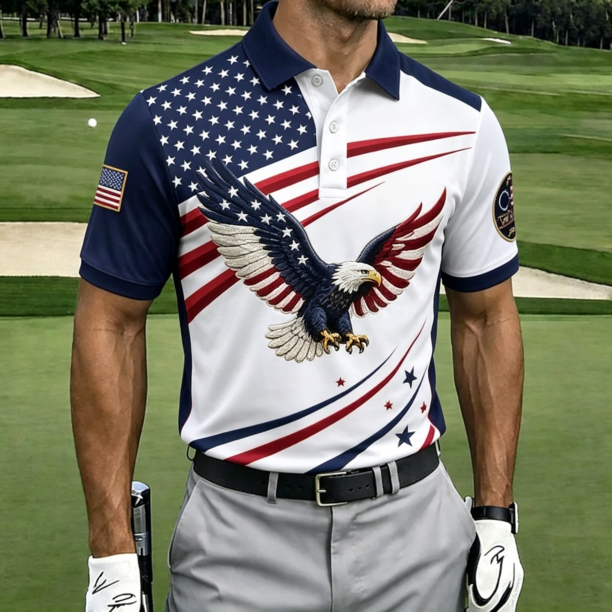 Bald Eagle Split Star Stripe Print Contrast Collar Golf Polo Shirt for Men