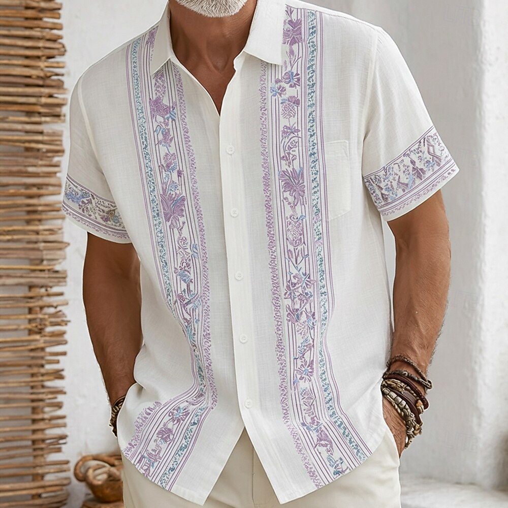Boho Vertical Floral Stripe Print Lapel Pocket Short Sleeve Linen Vacation Shirt for Men