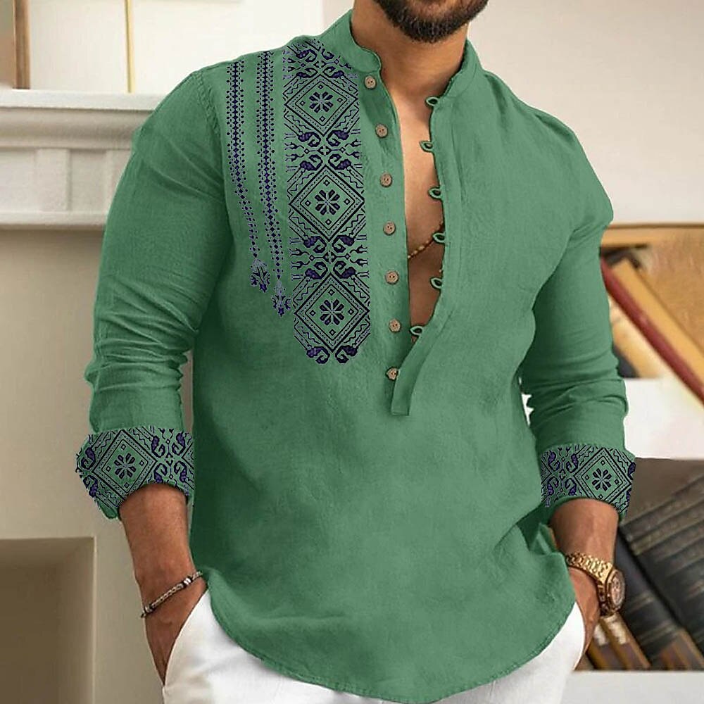 Ethnic Print Stand Collar Long Sleeve Henley Shirt Men Casual Bohemian Top