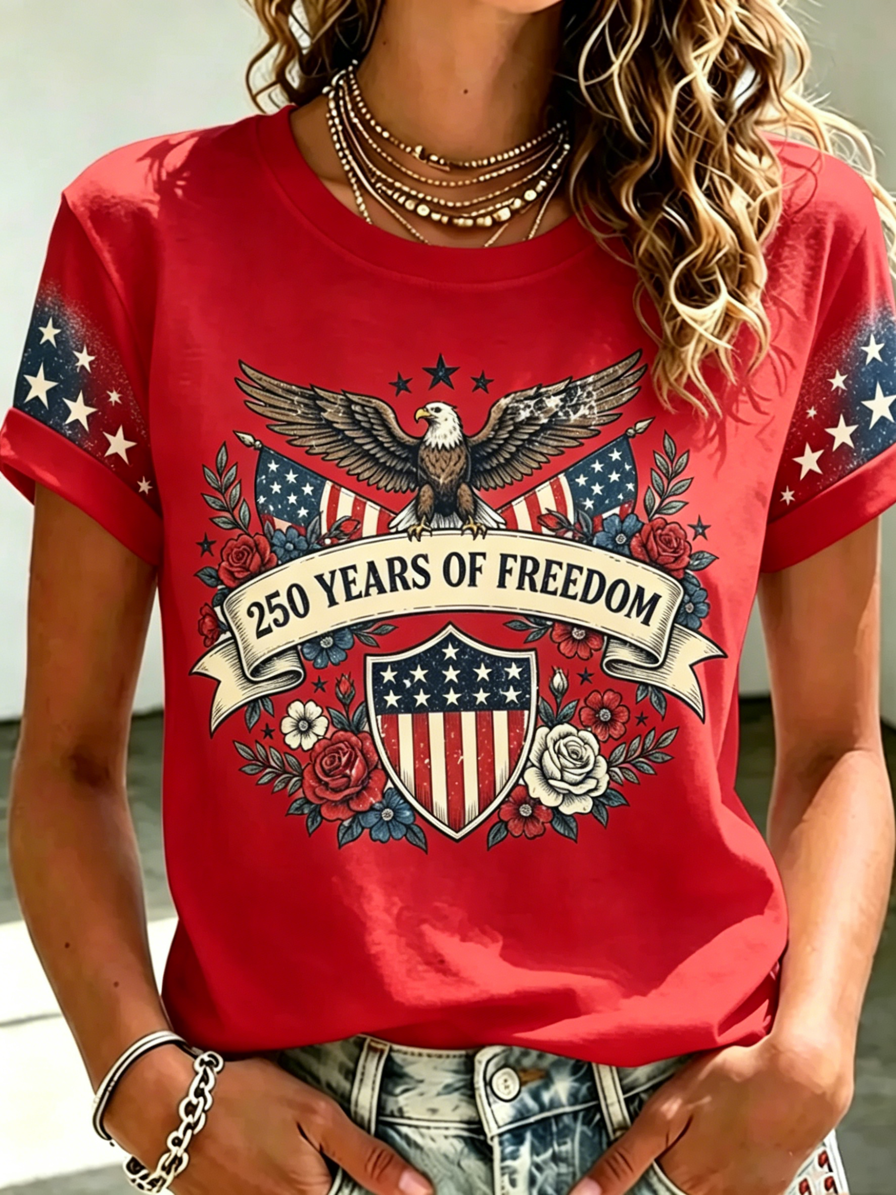 Floral Eagle Double Flag Gradient Sleeve Patriotic Crew Neck T-Shirt for Women