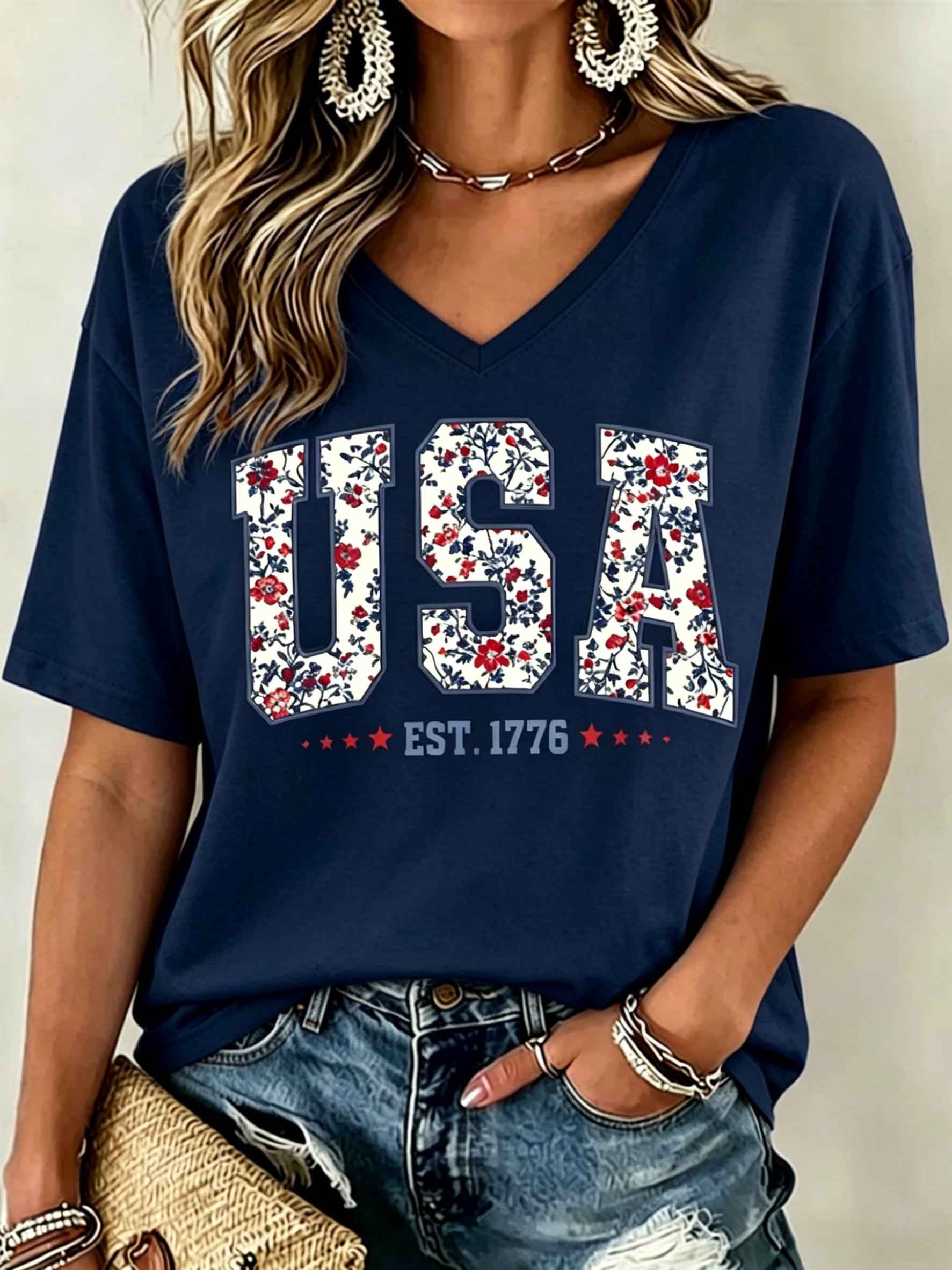 Floral Fill USA EST. 1776 Patriotic Print V Neck Oversized Women Casual Short Sleeve T-Shirt