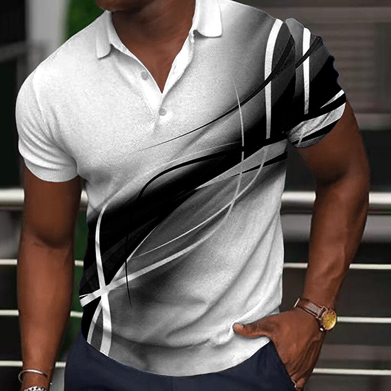 Gradient Abstract Curve Print Lapel Collar Polo Shirt for Men