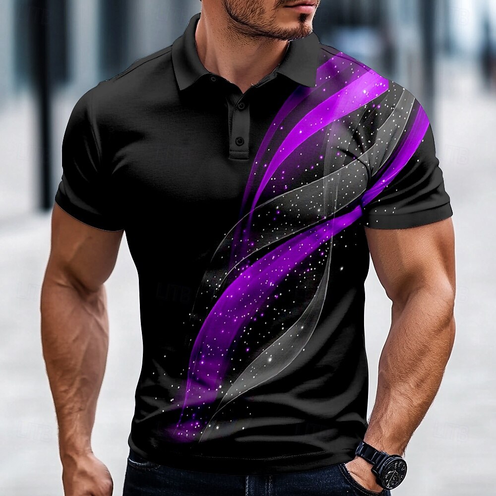 Cosmic Swirl Star Stream Print Collared Short Sleeve Polo Shirt for Men
