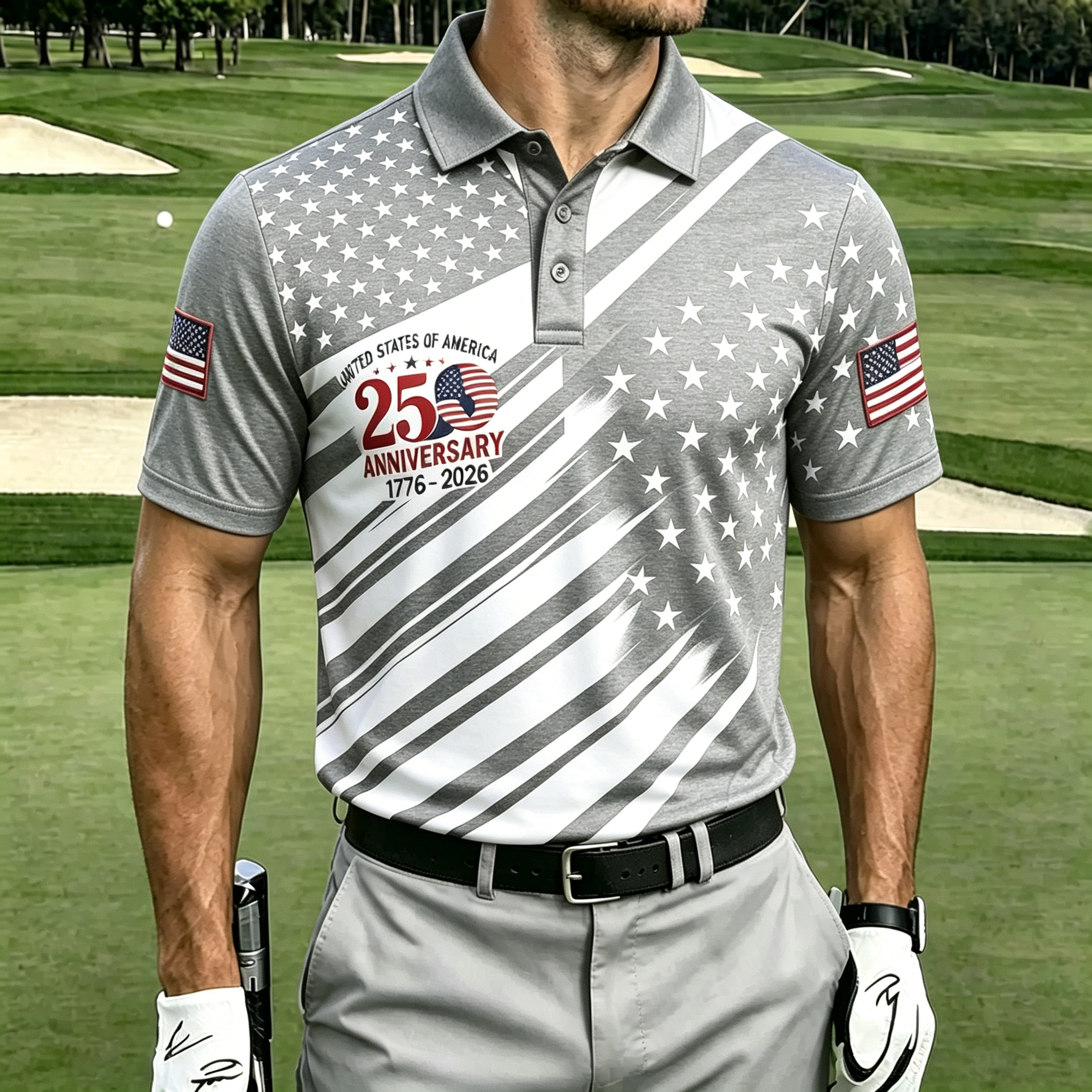 250th Star Stripe Asymmetrical Print Contrast Collar Golf Polo Shirt for Men