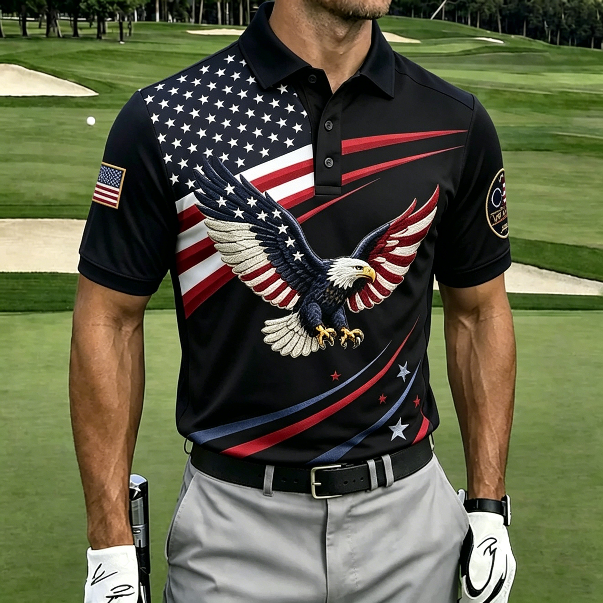 Bald Eagle Split Star Stripe Print Contrast Collar Golf Polo Shirt for Men