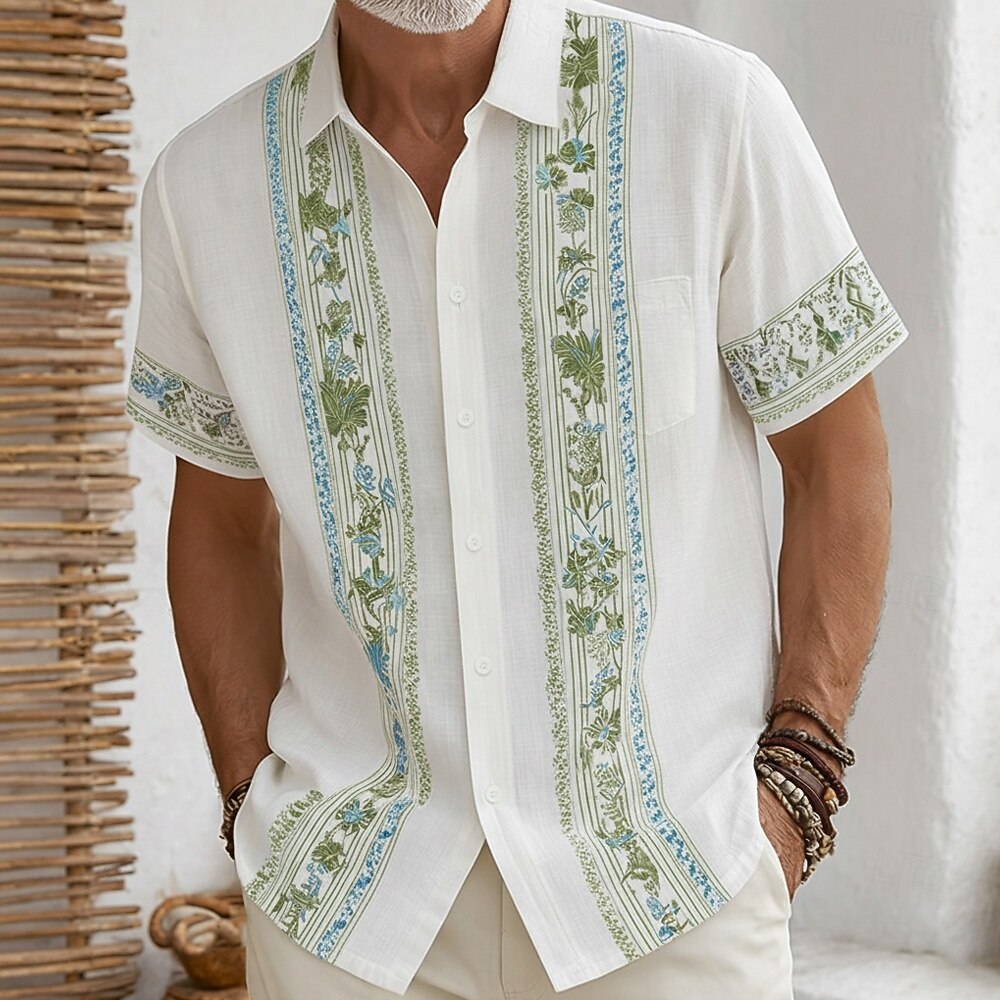 Boho Vertical Floral Stripe Print Lapel Pocket Short Sleeve Linen Vacation Shirt for Men