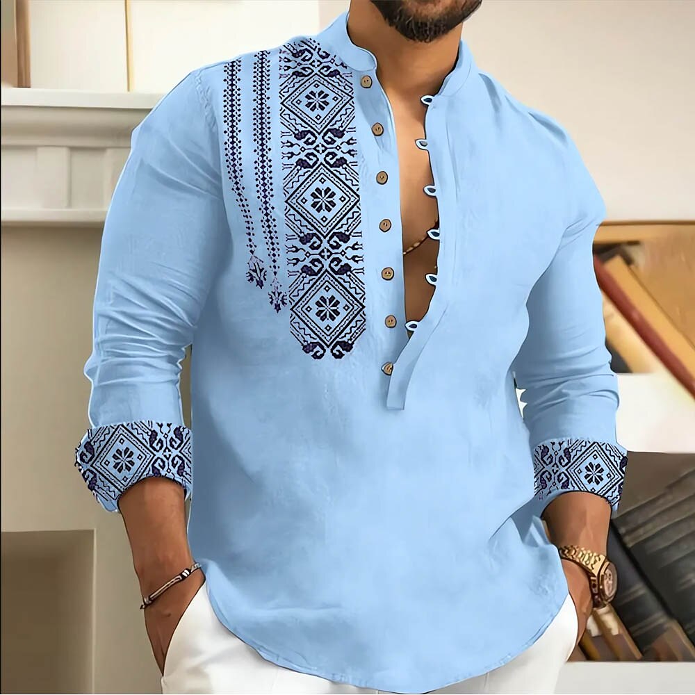 Ethnic Print Stand Collar Long Sleeve Henley Shirt Men Casual Bohemian Top