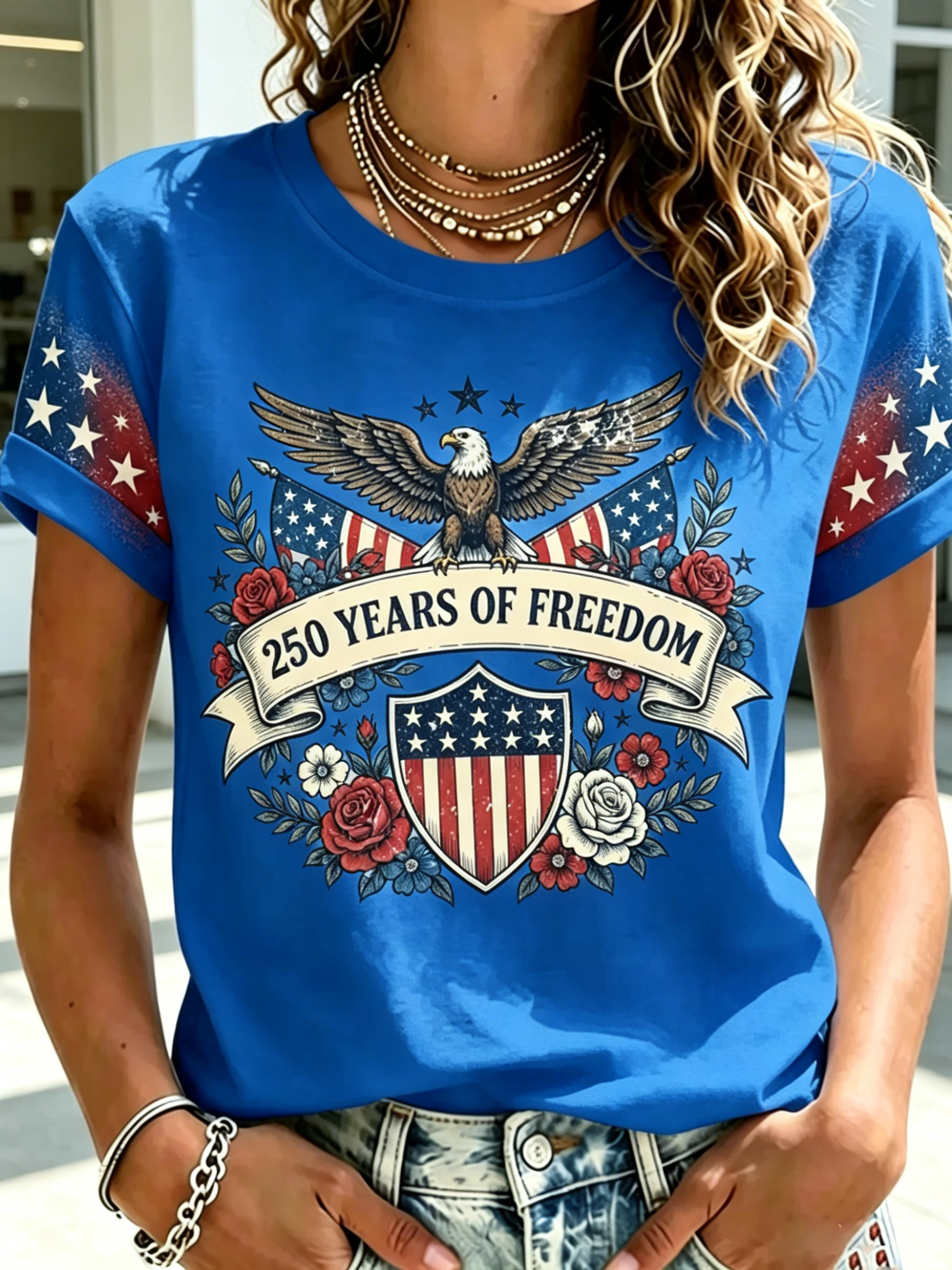 Floral Eagle Double Flag Gradient Sleeve Patriotic Crew Neck T-Shirt for Women