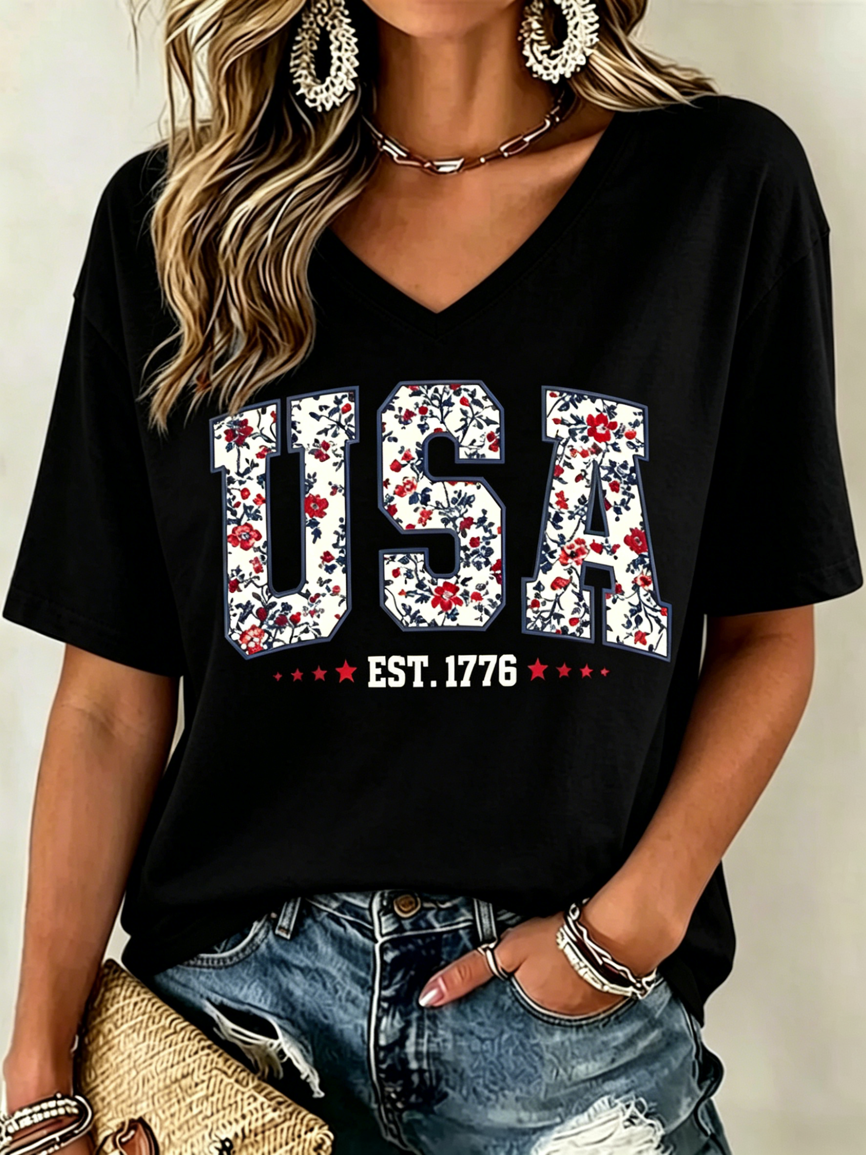 Floral Fill USA EST. 1776 Patriotic Print V Neck Oversized Women Casual Short Sleeve T-Shirt