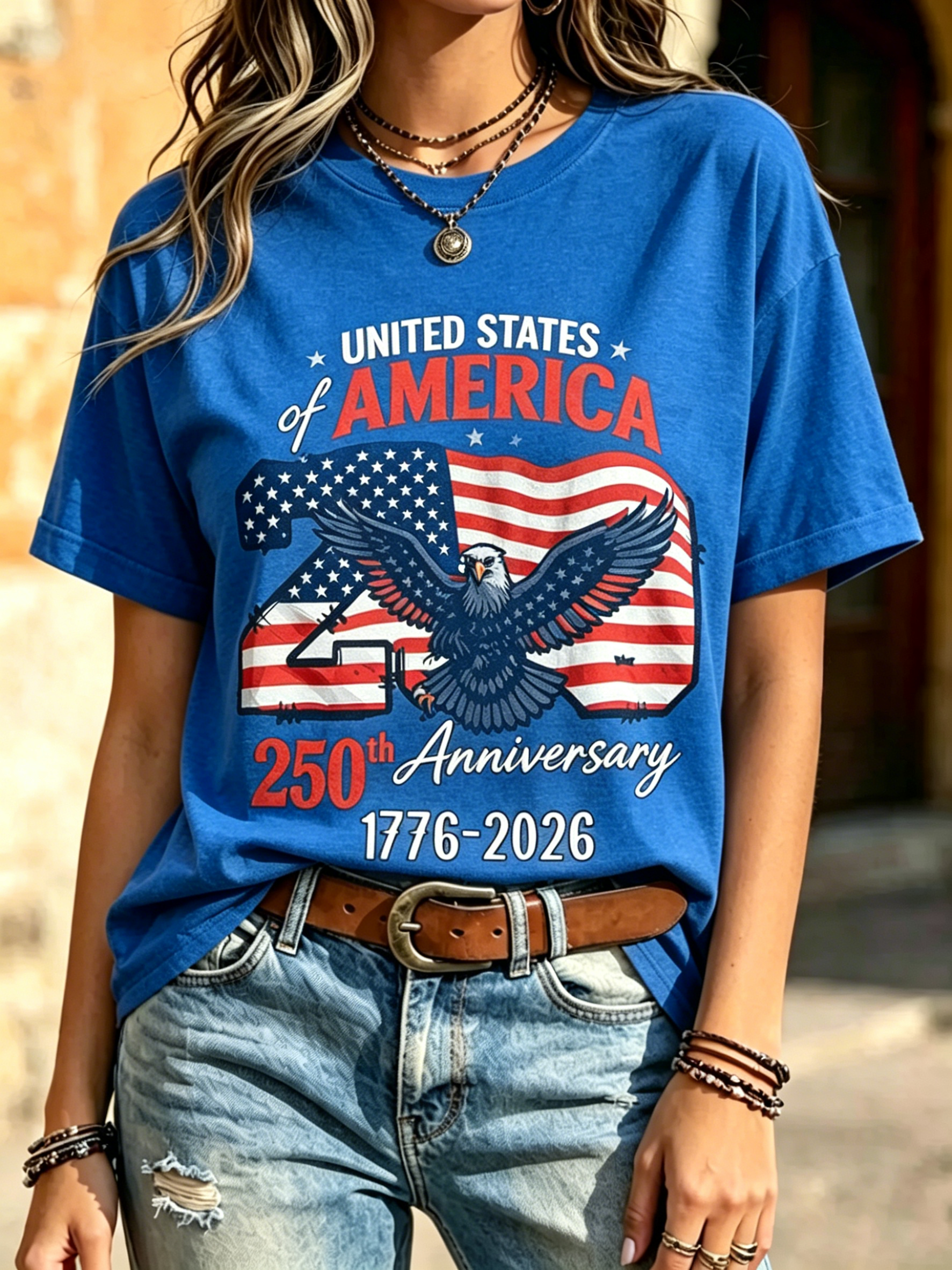 250th USA Anniversary Eagle Flag Print Crew Neck Casual Patriotic Short Sleeve Tee