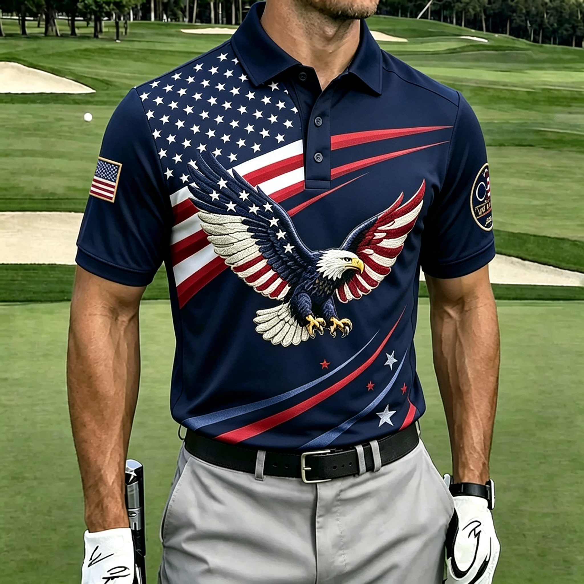 Bald Eagle Split Star Stripe Print Contrast Collar Golf Polo Shirt for Men
