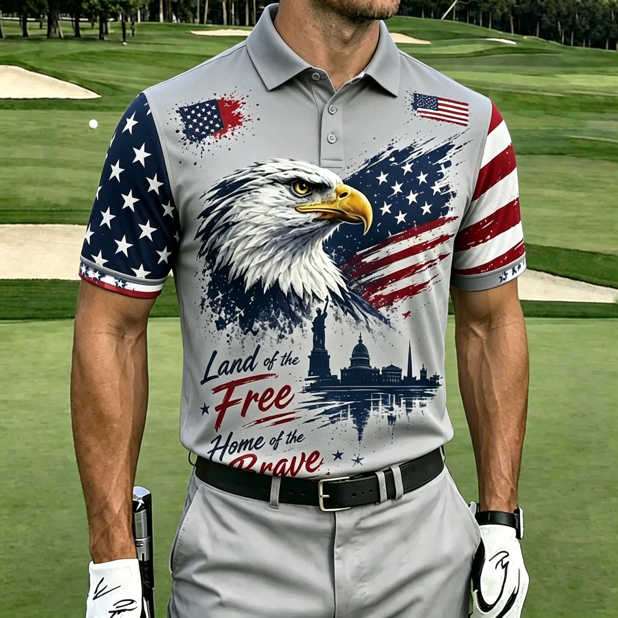 Artistic Splash Eagle Flag Landmark Performance Golf Polo