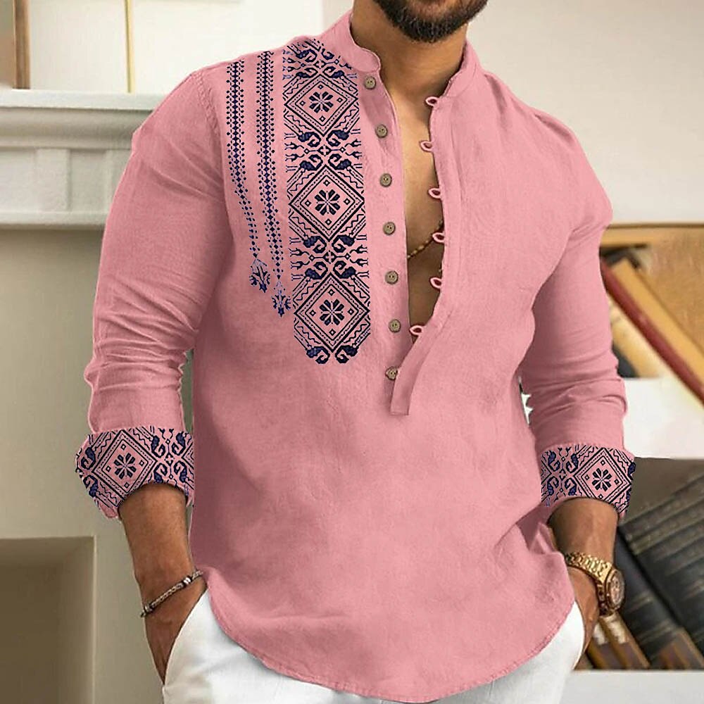 Ethnic Print Stand Collar Long Sleeve Henley Shirt Men Casual Bohemian Top
