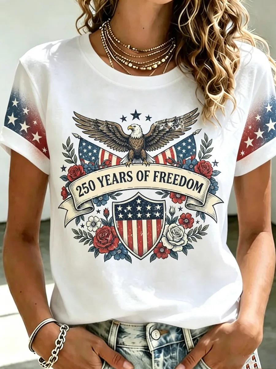 Floral Eagle Double Flag Gradient Sleeve Patriotic Crew Neck T-Shirt for Women