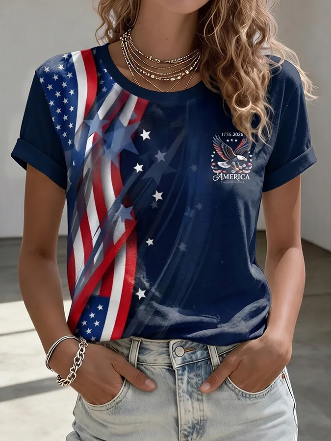 250th Eagle Star Flag Print Roll Cuff Crew Neck T-Shirt for Women