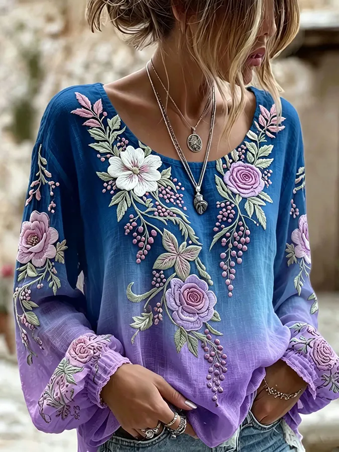 🌸 Boho Floral Embroidered Ombre Blouse