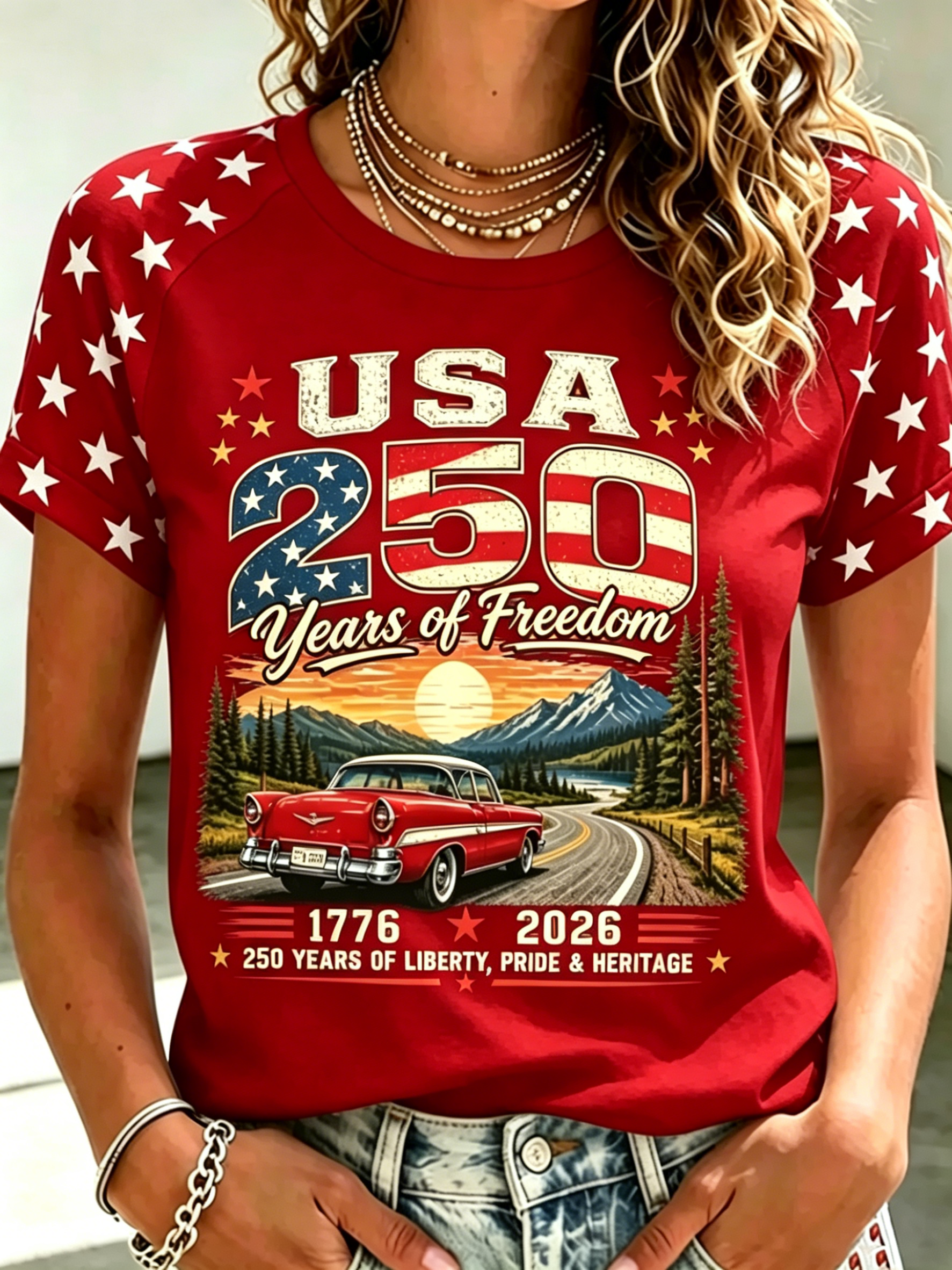 Vintage Mountain Classic Car Star Raglan Sleeve Patriotic Crew Neck T-Shirt for Women