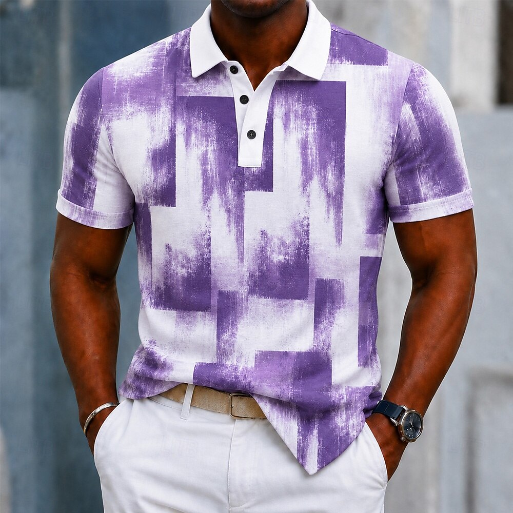 Distressed Block Brush Print Contrast Collar Polo Shirt for Men