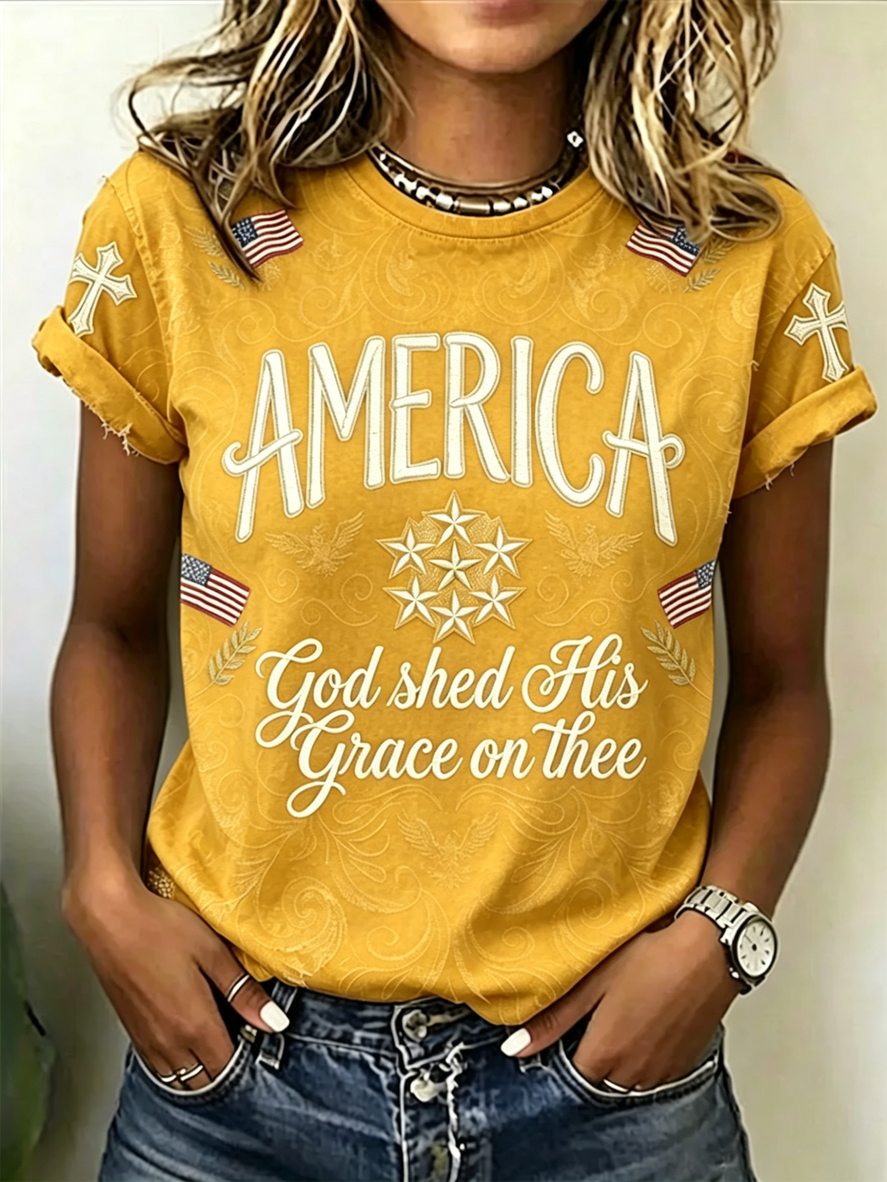 Faith America Scripture Cross Flag Embroidery Crew Neck T-Shirt for Women