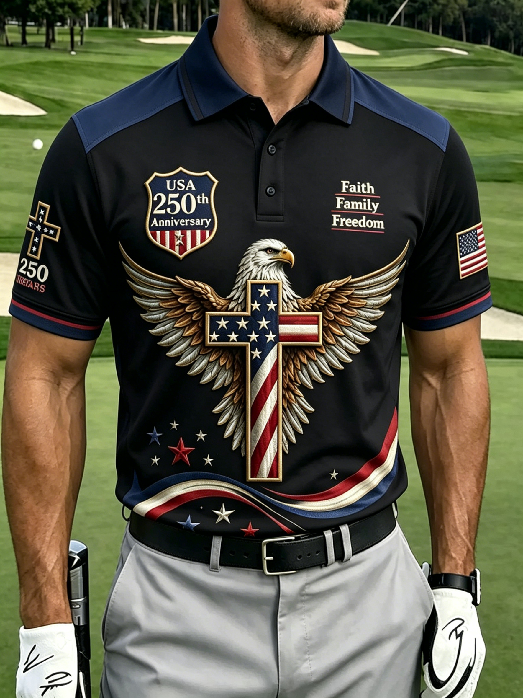 Faith Family Freedom Eagle USA Flag Cross Print Navy Contrast Collar Men Golf Polo Shirt