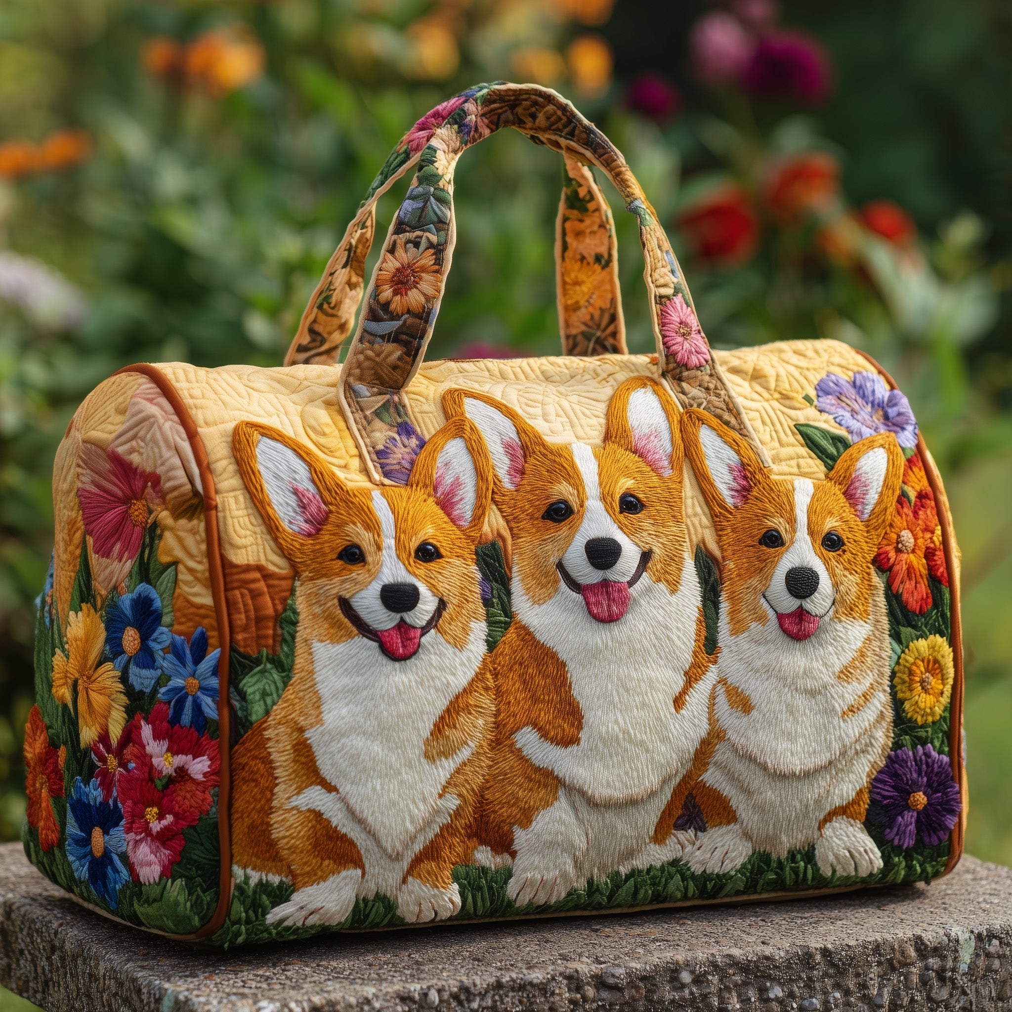 3 Cute Corgi Vibrant Floral Quilted Large Travel Duffel Carry On Handbag