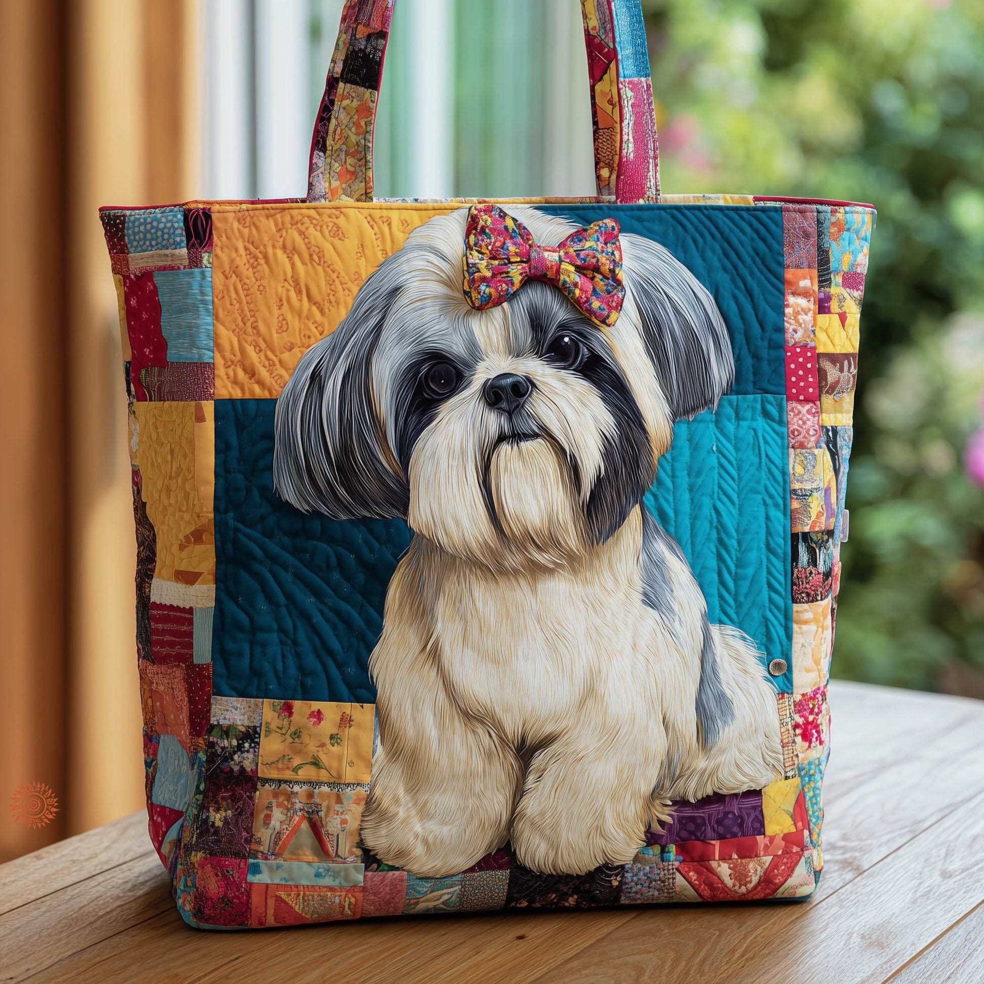 Boho Patchwork Quilt Stitch Bow Shih Tzu Print Canvas Casual Large Pet Lover Tote Bag