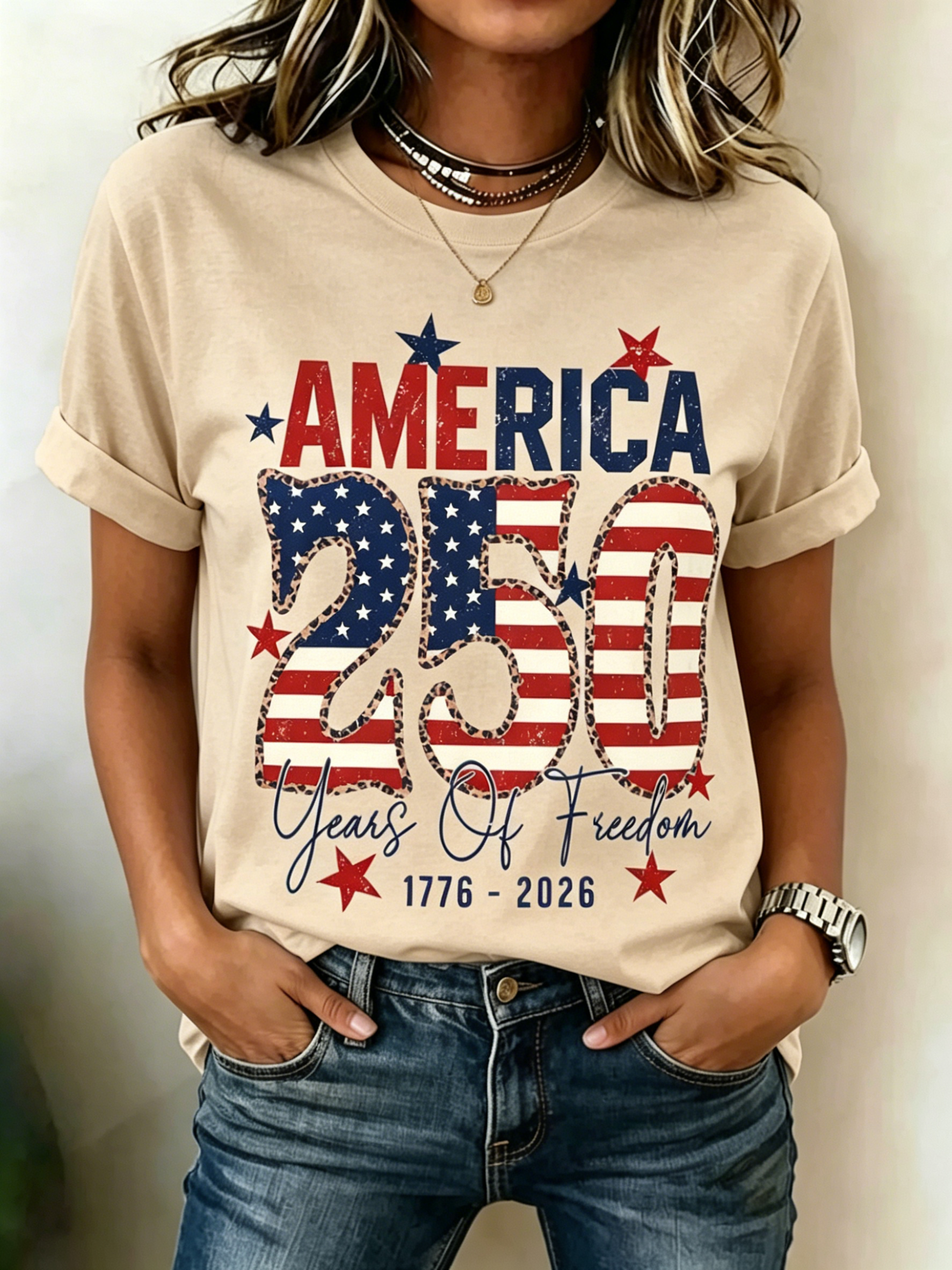 250 Years Of Freedom Leopard Flag Star Print Crew Neck Casual Patriotic Short Sleeve Tee
