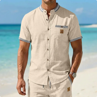 Men’s Striped Trim Mandarin Collar Short Sleeve Full Button Linen Casual Shirt