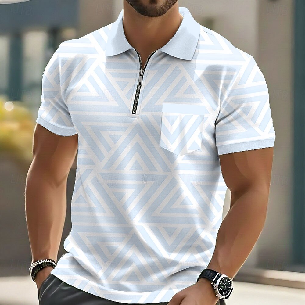 Geometric Triangle Print Zip Collar Pocket Short Sleeve Polo Shirt for Men