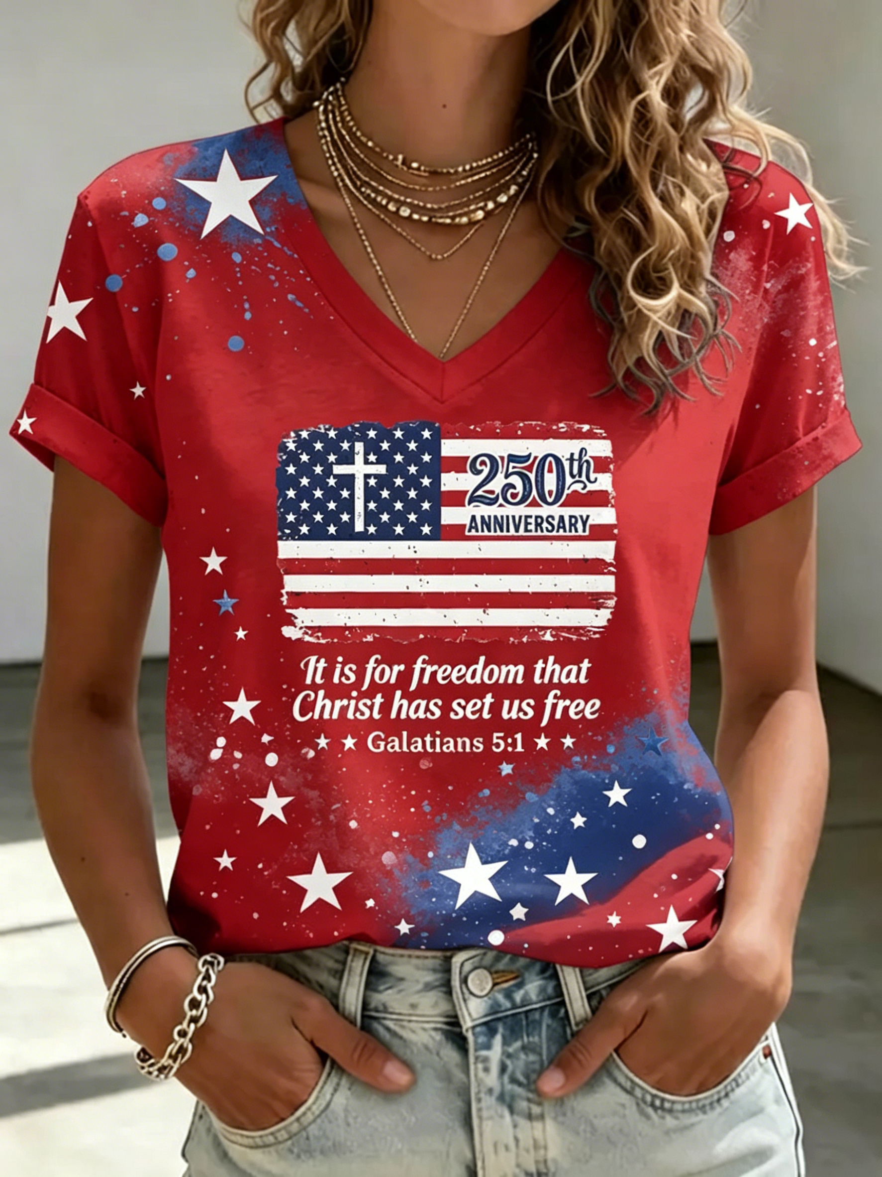 250th Cross Flag Bible Splash Star V Neck Faith T-Shirt for Women