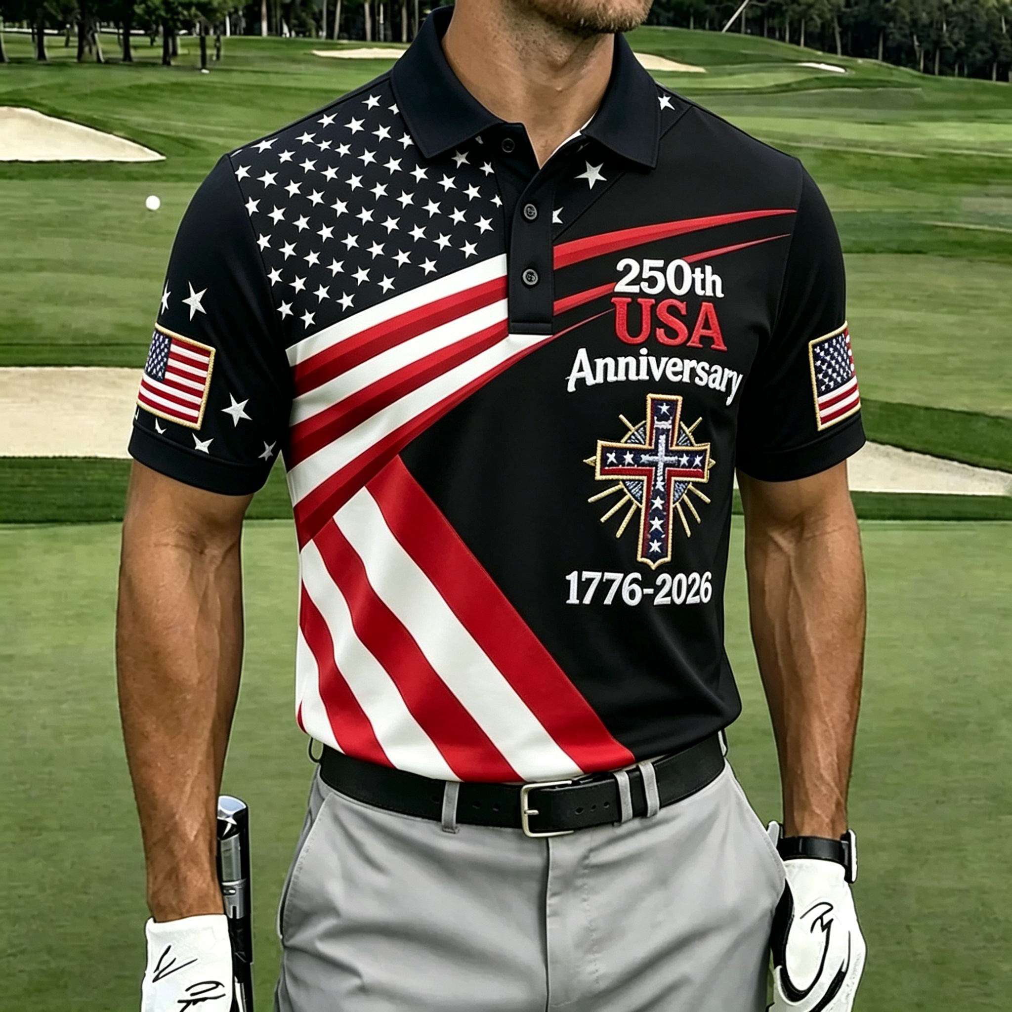 250th Faith Cross Split Star Stripe Print Contrast Collar Golf Polo Shirt for Men