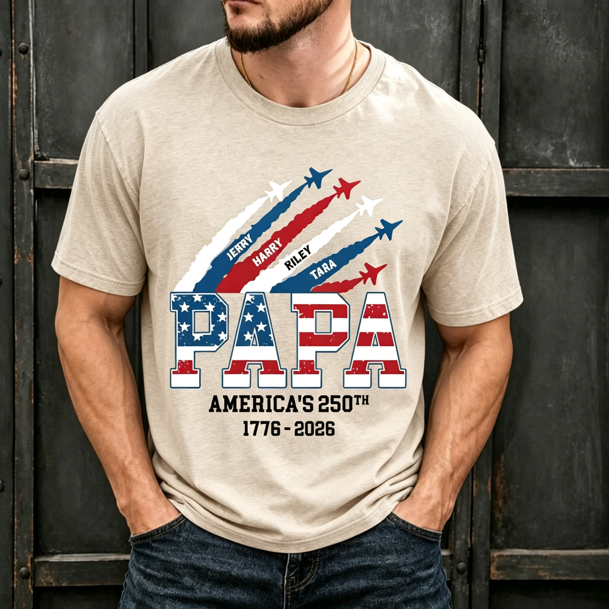 Papa With Kids Names Airplane US Flag America's 250th Anniversary Patriotic Print Crew Neck Loose Fit Men Oversized Casual Tee