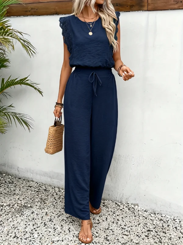Vacation Scalloped Lace Cap Sleeve Textured Top Elastic Drawstring Wide Leg Pant Two Piece Women Outfit